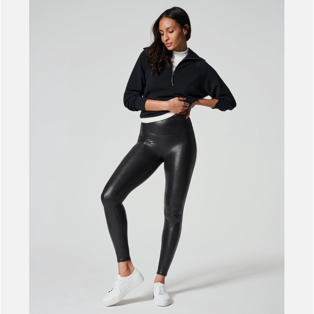 Spanx Womens Faux Leather Leggings Sz XL Black High Rise Slimming Shaping